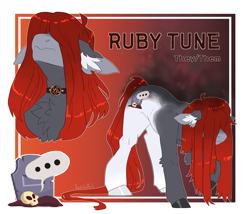 Size: 3500x3000 | Tagged: safe, artist:jeshh, oc, oc only, oc:ruby tune, earth pony, pony, ..., ambiguous gender, chest fluff, choker, cutie mark, ear fluff, gravestone, hair over eyes, high res, red hair, reference sheet, skull, solo, tail, text