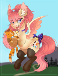 Size: 2840x3717 | Tagged: safe, artist:pvrii, oc, oc:risa, cat, pegasus, pony, bow, clothes, female, high res, mare, socks, solo, tail, tail bow