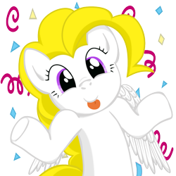 Size: 945x945 | Tagged: safe, artist:tempestwulf, surprise, pegasus, pony, g1, g4, adoraprise, cute, female, g1 to g4, generation leap, mare, shrug, shrugpony, simple background, smiling, solo, streamers, surprise being surprise, surprise is best facemaker, tongue out, transparent background, wings