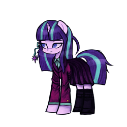 Size: 1200x1200 | Tagged: safe, artist:menalia, starlight glimmer, pony, unicorn, g4, alternate hairstyle, clothes, danganronpa, horn, looking at something, simple background, skirt, solo, white background
