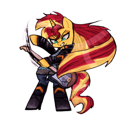 Size: 1200x1200 | Tagged: safe, artist:menalia, sunset shimmer, pony, unicorn, g4, alternate hairstyle, bipedal, boots, clothes, danganronpa, denim, electric guitar, guitar, horn, jacket, jeans, musical instrument, pants, punkset shimmer, rock (music), rocking out, shoes, simple background, solo, white background