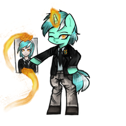 Size: 1200x1200 | Tagged: safe, artist:menalia, lyra heartstrings, human, pony, unicorn, g4, bipedal, clothes, danganronpa, denim, hand, horn, humanized, jeans, looking at you, magic, magic hands, necktie, one eye closed, pants, shirt, shoes, simple background, solo, suit, that pony sure does love humans, white background