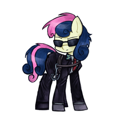 Size: 1200x1200 | Tagged: safe, artist:menalia, bon bon, sweetie drops, earth pony, pony, g4, agent, alternate hairstyle, clothes, danganronpa, gloves, looking at something, necktie, pants, shoes, simple background, solo, suit, sunglasses, white background