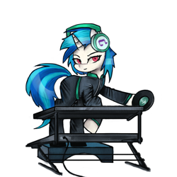 Size: 1200x1200 | Tagged: safe, artist:menalia, dj pon-3, vinyl scratch, pony, unicorn, g4, alternate hairstyle, clothes, danganronpa, headphones, horn, jacket, looking at something, looking at you, pants, shoes, simple background, solo, white background