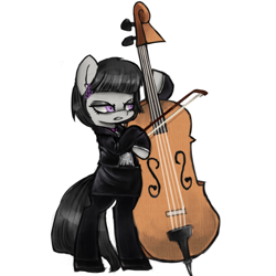 Size: 1200x1200 | Tagged: safe, artist:menalia, octavia melody, earth pony, pony, g4, alternate hairstyle, angry, bipedal, cello, clothes, danganronpa, looking at something, musical instrument, simple background, skirt, solo, suit, white background