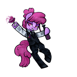 Size: 1200x1200 | Tagged: safe, artist:menalia, berry punch, berryshine, earth pony, pony, g4, alternate hairstyle, bipedal, bottle, clothes, danganronpa, looking at you, shirt, shoes, simple background, solo, suit, vest, white background, wine bottle