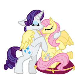 Size: 500x500 | Tagged: safe, artist:littlesnowyowl, fluttershy, rarity, pegasus, pony, unicorn, g4, bipedal, duo, eyes closed, eyeshadow, female, horn, hug, lesbian, makeup, mare, pillow, ship:flarity, shipping, simple background, sitting, smiling, spread wings, transparent background, winghug, wings