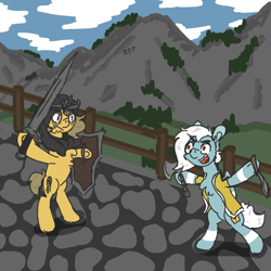Size: 750x750 | Tagged: safe, artist:rfp, oc, bat pony, pegasus, pony, axe, bipedal, fence, for honor, mountain, shield, sword, weapon