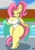 Size: 3072x4416 | Tagged: safe, artist:nr_ac, fluttershy, pegasus, anthro, plantigrade anthro, g4, belly button, big breasts, breasts, busty fluttershy, cleavage, clothes, digital art, eyes closed, female, one-piece swimsuit, poolside, pose, solo, stupid sexy fluttershy, swimming pool, swimsuit, tail, thighs, towel, wide hips, wingless, wingless anthro