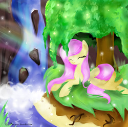 Size: 1600x1590 | Tagged: safe, artist:katemaximova, fluttershy, pegasus, pony, g4, eyes closed, female, lying down, mare, outdoors, prone, solo, tree, water, waterfall, wings