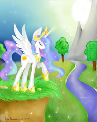 Size: 1600x2000 | Tagged: safe, artist:katemaximova, princess celestia, alicorn, pony, g4, female, glowing, glowing horn, horn, jewelry, magic, mare, outdoors, raised hoof, regalia, river, solo, spread wings, tree, water, wings