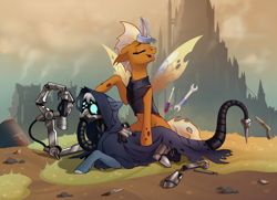 Size: 3176x2300 | Tagged: safe, artist:28gooddays, oc, oc only, oc:dawn strike, oc:gear works, changeling, cyborg, cyborg pony, earth pony, pony, amputee, augmentation, augmented, broken, changeling oc, commission, crossover, crying, damaged, dark mechanicus, duct tape, duo, earth pony oc, high res, hive city, injured, magic, mask, not smolder, prosthetic leg, prosthetic limb, prosthetics, respirator, robotic arm, screwdriver, servo arm, tape, techpriest, telekinesis, this will end in tears, warhammer (game), warhammer 40k, wrench, yellow changeling