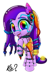 Size: 1469x2189 | Tagged: safe, artist:questionmarkdragon, oc, oc only, oc:april iris, gynoid, pony, robot, robot pony, eyelashes, female, mare, rainbow eyes, raised hoof, simple background, smiling, solo, story included, transparent background