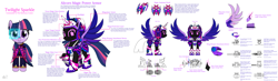 Size: 8508x2480 | Tagged: safe, artist:questionmarkdragon, twilight sparkle, alicorn, pony, g4, armor, female, helmet, mare, reference sheet, simple background, smiling, spread wings, twilight sparkle (alicorn), white background, wings