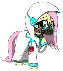 Size: 1676x1888 | Tagged: safe, artist:questionmarkdragon, fluttershy, pegasus, pony, g4, breathing mask, cloak, clothes, eyelashes, face mask, female, hoof on chest, mare, mask, masked fluttershy, simple background, solo, story included, transparent background