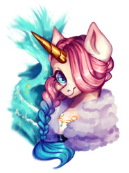 Size: 800x1076 | Tagged: safe, artist:rottengotika, oc, oc only, fish, hybrid, merpony, seapony (g4), unicorn, blue eyes, bust, clothes, digital art, female, horn, jewelry, looking at you, mare, necklace, regalia, seaponified, simple background, smiling, solo, species swap, underwater, water, white background