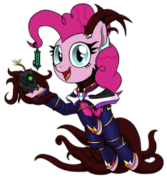 Size: 2060x2200 | Tagged: safe, artist:questionmarkdragon, pinkie pie, earth pony, pony, g4, bomb, clothes, eyelashes, female, high res, mare, simple background, solo, story included, transparent background, weapon