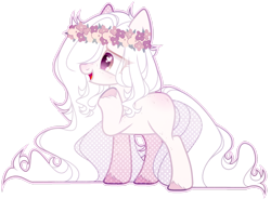 Size: 1920x1412 | Tagged: safe, artist:toffeelavender, oc, oc only, earth pony, pony, base used, earth pony oc, female, floral head wreath, flower, heart, heart eyes, mare, raised hoof, simple background, solo, transparent background, unshorn fetlocks, wingding eyes