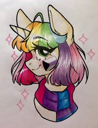 Size: 1568x2048 | Tagged: safe, artist:madkadd, oc, oc only, pony, unicorn, bust, clothes, eyelashes, female, horn, mare, multicolored hair, rainbow hair, scarf, smiling, solo, traditional art, unicorn oc