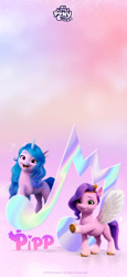 Size: 1080x2341 | Tagged: safe, izzy moonbow, pipp petals, pegasus, pony, unicorn, g5, official, abstract background, female, mare, my little pony logo, phone wallpaper, stock render, text, weibo