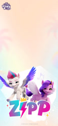 Size: 1080x2341 | Tagged: safe, pipp petals, zipp storm, pegasus, pony, g5, official, abstract background, female, mare, my little pony logo, phone wallpaper, royal sisters (g5), siblings, sisters, stock render, text, weibo