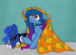 Size: 4040x2928 | Tagged: safe, artist:rokosmith26, princess luna, oc, oc:tazzee, bat pony, pony, g4, :p, bat pony oc, blanket, cheek fluff, chest fluff, collar, commission, female, floppy ears, food, jewelry, looking up, mare, plushie, pony plushie, sitting, smiling, solo, tongue out, two toned mane, ych result