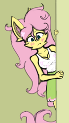 Size: 2284x4089 | Tagged: safe, artist:toxinagraphica, fluttershy, butterfly, pegasus, anthro, unguligrade anthro, g4, :<, blushing, breasts, busty fluttershy, cheek fluff, cleavage, clothes, colored sketch, dishevelled, ear fluff, female, fluffy, mare, omg, peeping, signature, sketch, skirt, solo, top, wide eyes