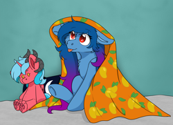 Size: 4040x2928 | Tagged: safe, artist:rokosmith26, oc, oc only, oc:tazzee, bat pony, pony, :p, bat pony oc, blanket, cheek fluff, chest fluff, commission, female, floppy ears, food, looking up, mare, plushie, pony plushie, sitting, smiling, solo, tongue out, two toned mane, ych result