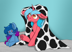 Size: 4040x2928 | Tagged: safe, artist:rokosmith26, oc, oc only, alicorn, hybrid, original species, pony, blanket, cheek fluff, chest fluff, commission, cowprint, female, floppy ears, horn, looking up, mare, paw pads, paws, plushie, pony plushie, sitting, smiling, solo, toe beans, tongue out, underpaw, ych result