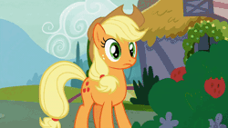 Size: 520x293 | Tagged: safe, screencap, applejack, earth pony, pony, g4, honest apple, season 7, angry, animated, applejack's hat, cowboy hat, female, gif, gritted teeth, hat, mare, open mouth, red face, shrunken pupils, solo, teeth