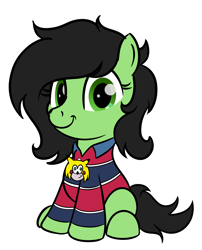Size: 2923x3620 | Tagged: safe, artist:trash anon, oc, oc only, oc:filly anon, earth pony, pony, chris chan, clothes, drawthread, earth pony oc, female, filly, foal, high res, male, medallion, polo shirt, simple background, sitting, smiling, solo, sonic the hedgehog, sonic the hedgehog (series), sonichu, white background