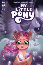 Size: 2063x3131 | Tagged: safe, artist:amy mebberson, idw, official comic, sunny starscout, twilight sparkle, alicorn, earth pony, pony, g5, my little pony: a new generation, official, spoiler:comic, spoiler:g5comic, spoiler:g5comic06, comic cover, duo, duo female, earth pony crystal, feather, female, frown, high res, holding, mane stripe sunny, mare, my little pony logo, older, older twilight, older twilight sparkle (alicorn), open mouth, princess twilight 2.0, spread wings, text, twilight sparkle (alicorn), unicorn crystal, wings