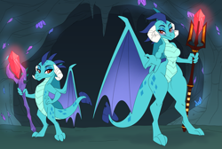Size: 3999x2687 | Tagged: safe, artist:blithedragon, princess ember, dragon, anthro, digitigrade anthro, fanfic:the lost element, g4, age progression, bloodstone scepter, blushing, breasts, broken horn, cave, dragon lord ember, dragoness, fanfic art, female, glowing, glowing gems, hand on hip, happy, high res, horn, inviting you, lidded eyes, lizard breasts, looking at you, milf, older, older ember, reaching, smiling, smiling at you, solo, stalactite, thicc thighs