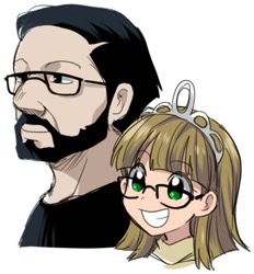 Size: 420x452 | Tagged: safe, artist:re_ghotion, nightjar, zippoorwhill, human, g4, beard, bust, cute, facial hair, father and child, father and daughter, female, glasses, grin, humanized, jewelry, male, portrait, simple background, smiling, tiara, white background, zippoorbetes