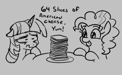 Size: 329x204 | Tagged: safe, artist:jargon scott, artist:kabayo, pinkie pie, twilight sparkle, earth pony, pony, unicorn, g4, 64 slices of american cheese, aggie.io, american cheese, cheese, dialogue, duo, female, floppy ears, food, gray background, grayscale, lowres, male, mare, monochrome, plate, reference, sick, simple background, sliced cheese, smiling, table, talking, the simpsons, this will end in constipation, tongue out, wavy mouth
