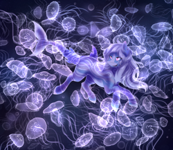 Size: 1500x1300 | Tagged: safe, artist:scarletsfeed, oc, oc only, hybrid, jellyfish, merpony, original species, shark, shark pony, digital art, dorsal fin, ear fluff, female, fish tail, flowing mane, glowing, mare, ocean, open mouth, pink eyes, purple mane, smiling, solo, swimming, tail, underwater, water