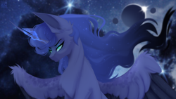 Size: 3840x2160 | Tagged: safe, artist:elektra-gertly, princess luna, alicorn, pony, angry, ethereal mane, magic, night, scowl, solo, space, spread wings, wings