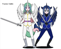 Size: 621x500 | Tagged: safe, artist:tvngames, princess celestia, princess luna, human, g4, belt, boots, clothes, cropped, fantasy class, horn, humanized, kisekae, pants, shirt, shoes, simple background, sword, uniform, warrior, weapon, white background, wings