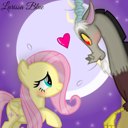 Size: 720x720 | Tagged: safe, artist:mlplary6, discord, fluttershy, draconequus, pegasus, pony, g4, blushing, female, heart, looking at each other, looking at someone, male, mare, moon, ship:discoshy, shipping, signature, smiling, straight