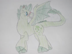 Size: 2828x2121 | Tagged: safe, artist:littlelifedoodles, oc, oc only, oc:turquoise blitz, dracony, hybrid, grin, high res, interspecies offspring, male, offspring, parent:rarity, parent:spike, parents:sparity, smiling, solo, traditional art