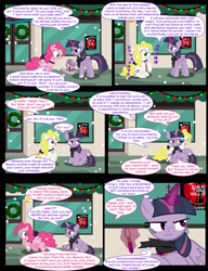 Size: 1042x1358 | Tagged: safe, artist:dendoctor, mean twilight sparkle, pinkie pie, surprise, alicorn, earth pony, pony, comic:clone.., g1, g4, adoraprise, alternate universe, christmas, christmas lights, clone, clothes, comic, cute, diapinkes, earth pony surprise, female, g1 to g4, generation leap, glowing, glowing horn, hearth's warming eve, holiday, horn, jewelry, magic, mare, pendant, pinkie being pinkie, pinkie clone, race swap, scarf, sign, snow, soda, surprise being surprise, telekinesis, twiabetes, twilight sparkle (alicorn), wreath
