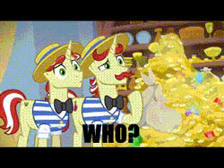Size: 320x240 | Tagged: safe, edit, edited screencap, screencap, flam, flim, earth pony, pony, friendship university, g4, season 8, animated, brothers, confused, duo, duo male, flim flam brothers, gif, gold, male, money, office, school, siblings, stallion