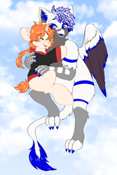 Size: 2000x3000 | Tagged: safe, artist:etoz, oc, oc only, oc:etoz, oc:light speed, griffon, pony, unicorn, blushing, clothes, cloud, commission, cute, eyebrows, eyes closed, female, flying, griffon oc, happy, high res, hoodie, horn, male, mare, sitting, sky, tongue out, unicorn oc, wings
