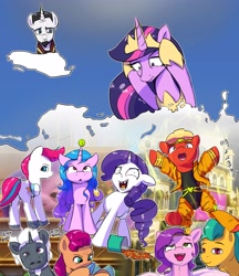 Size: 3019x3500 | Tagged: safe, artist:vultraz, alphabittle blossomforth, chancellor neighsay, hitch trailblazer, izzy moonbow, pipp petals, rarity, sprout cloverleaf, sunny starscout, twilight sparkle, zipp storm, alicorn, earth pony, pegasus, pony, unicorn, g5, the last problem, ahegao, ball, beans, bing bong, butt, can, clothes, cloud, crystal, dio brando, dio sprouto, drool, evil rarity, female, food, head in hooves, high res, horn, horn impalement, izzy's tennis ball, jojo's bizarre adventure, leotard, looking down, male, mare, meme, multiple characters, older, older twilight, open mouth, plot, ponified meme, princess twilight 2.0, sky, stallion, tennis ball, tongue out, twilight sparkle (alicorn), worried, zippbutt