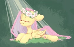 Size: 1666x1068 | Tagged: safe, artist:melodylibris, fluttershy, pegasus, pony, g4, content, crepuscular rays, cute, eyes closed, female, floppy ears, floral head wreath, flower, folded wings, grass, lying down, mare, prone, shyabetes, smiling, solo, wings, wreath