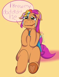 Size: 1583x2048 | Tagged: safe, artist:cmpost5, idw, sunny starscout, earth pony, pony, g5, spoiler:comic, spoiler:g5comic, spoiler:g5comic02, crying, female, mane stripe sunny, mare, simple background, yellow background