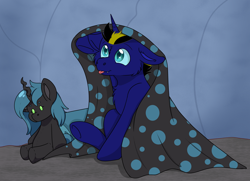 Size: 4040x2928 | Tagged: safe, artist:rokosmith26, oc, oc only, alicorn, changeling, hybrid, pony, :p, blanket, blue eyes, changeling prince, cheek fluff, chest fluff, colt, commission, fangs, floppy ears, foal, horn, hybrid oc, looking up, male, plushie, pony plushie, sitting, slit pupils, smiling, solo, tongue out, underhoof, ych result