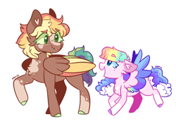 Size: 2914x2048 | Tagged: safe, artist:moccabliss, oc, oc only, oc:autumn breeze, oc:sunshine melody, pegasus, pony, female, filly, foal, high res, magical lesbian spawn, mare, offspring, parent:applejack, parent:rainbow dash, parents:appledash, simple background, white background