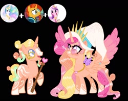 Size: 1673x1323 | Tagged: safe, artist:vernorexia, princess cadance, princess celestia, sunburst, oc, alicorn, pony, seraph, seraphicorn, unicorn, g4, base used, blaze (coat marking), blue eyes, body markings, coat markings, colored wings, commission, crown, crystal heart, curly mane, duo, ear piercing, extra wings, facial hair, facial markings, floating wings, glasses, goatee, hat, heart shaped glasses, jewelry, long mane, monocle, multicolored mane, multiple wings, necklace, orange coat, piercing, princess, purple eyes, regalia, siblings, socks (coat markings), staff, sunglasses, tiara, twins, two toned wings, wings, witch hat, wizard, wizard hat