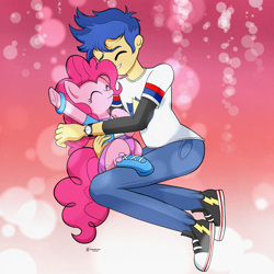 Size: 4500x4500 | Tagged: safe, artist:theratedrshimmer, flash sentry, pinkie pie, earth pony, human, pony, equestria girls, g4, clothes, commission, converse, cute, daaaaaaaaaaaw, diapinkes, equestria girls outfit, eyes closed, female, holding a pony, hug, male, pants, shirt, shoes, simple background, smiling, teeth, touch, watch